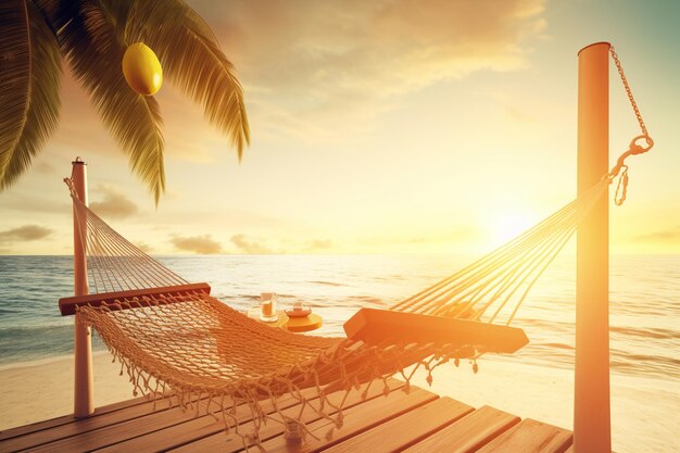 A hammock on a beach with a sunset in the background