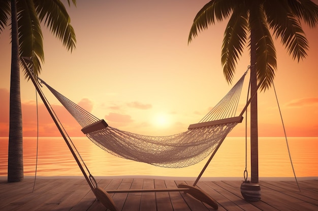 A hammock on a beach with a sunset in the background.