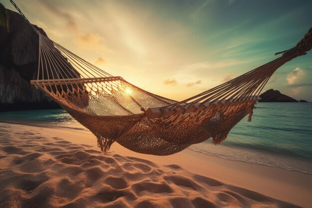 Hammock on exotic beach with sunrise scenery Generate ai