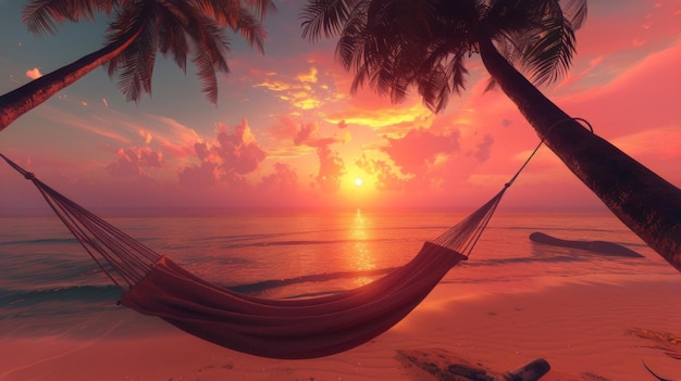 Hammock Hanging From Palm Tree on Beach