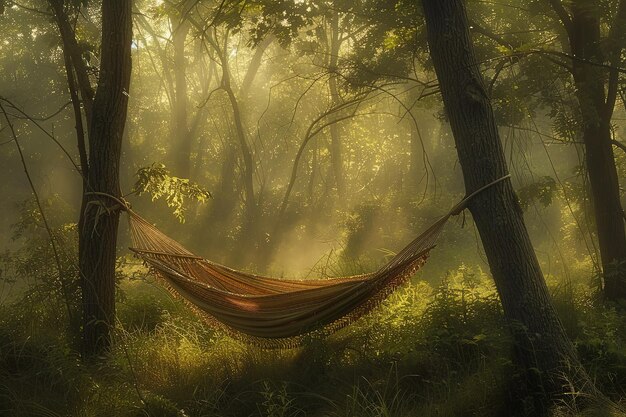 A hammock hanging in the middle of a forest