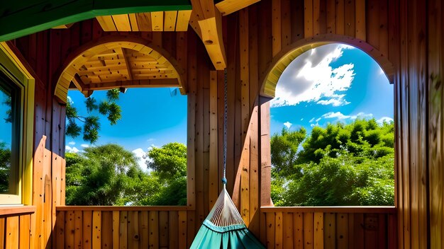 A hammock hangs from a porch with trees in the background