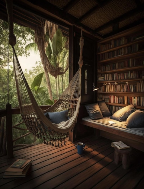 A hammock is on the balcony of a house with a book shelf.