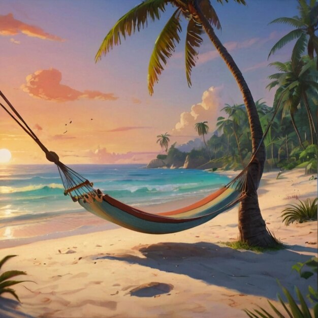 a hammock is on a beach with palm trees and a sunset in the background