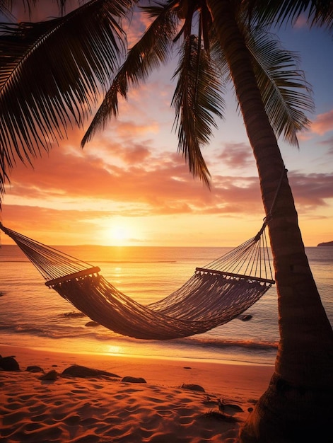 a hammock is framed by a palm tree on the beach.