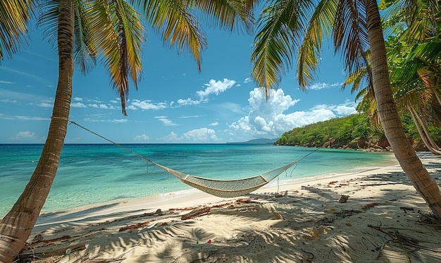 a hammock is hanging from a palm tree on a beach