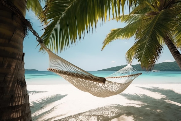 Hammock on the sea beach among palm trees paradise vacation generative ai