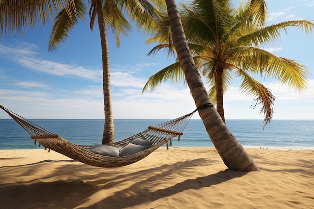 Hammock strung between two palm trees