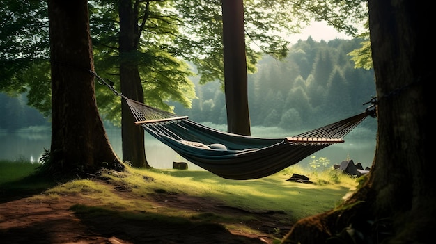 Foto un'amaca intrecciata tra due alberi in una foresta