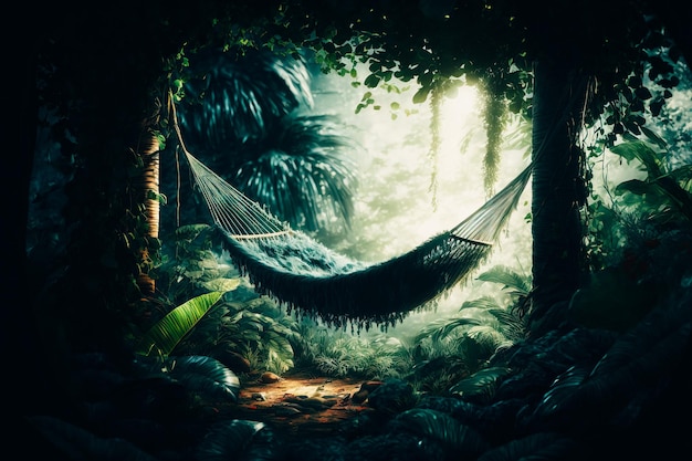 A hammock surrounded by lush foliage