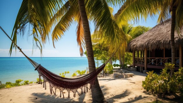 A hammock sways gently beneath a palm tree on a sandy beach