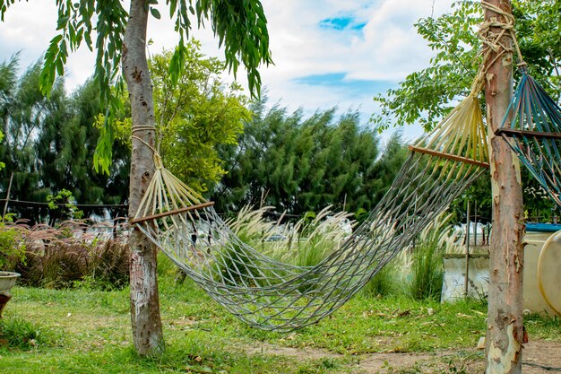 Hammock swing  Made from fabric in garden.