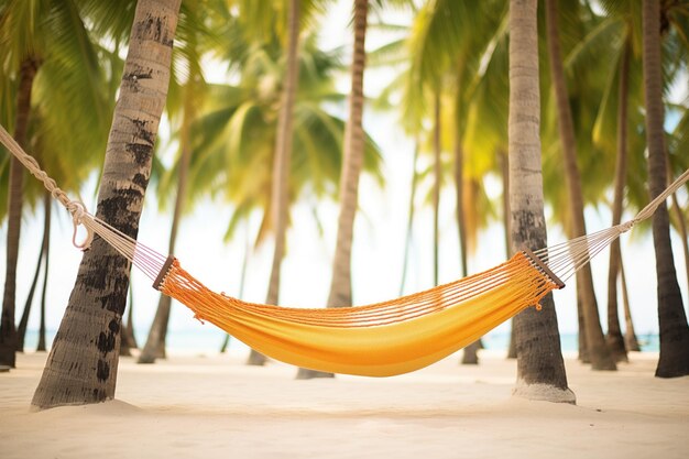 A hammock tied between coconut trees by the sea