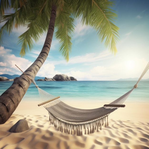 A hammock on a tropical beach with a palm tree in the foreground.