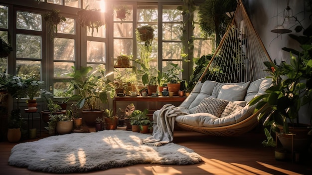 a hammock with plants in the window