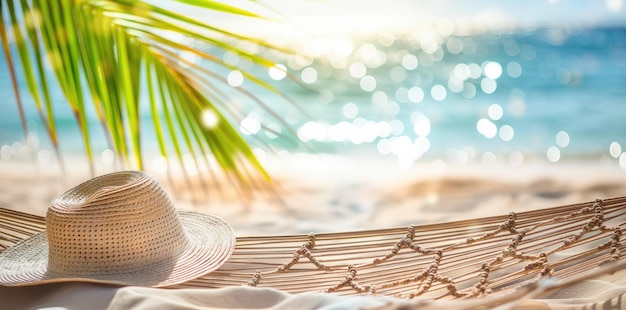 Foto un'amaca con un cappello di paglia sulla spiaggia