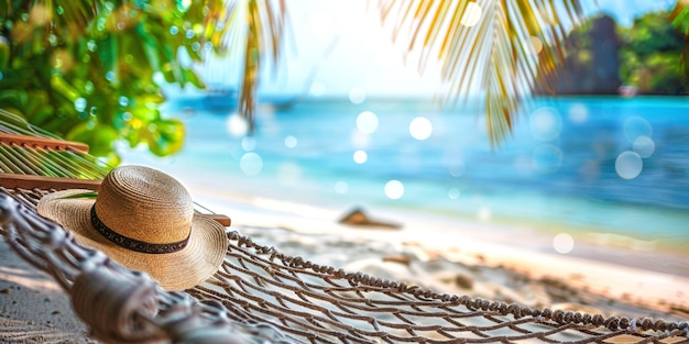 Photo hammock with a straw hat on the beach