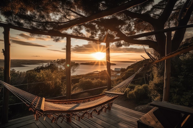 A hammock with a view of the sunset and a swing nearby