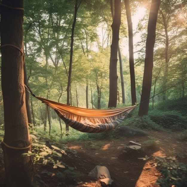 Hammock in the woods at sunset