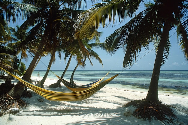 Hammocks swaying between palm trees on a white sandy beach