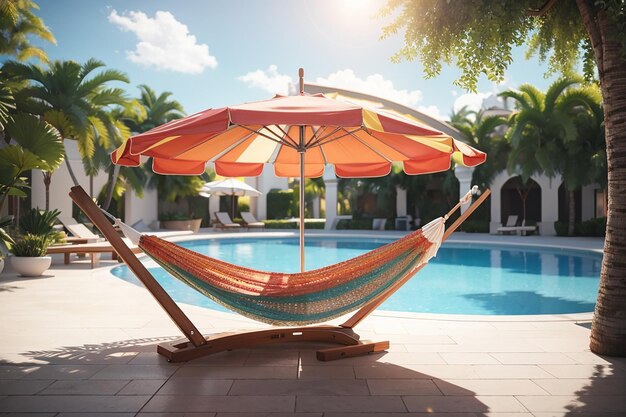 Hammocks and umbrella placed near to a large pool