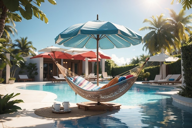 Hammocks and umbrella placed near to a large pool