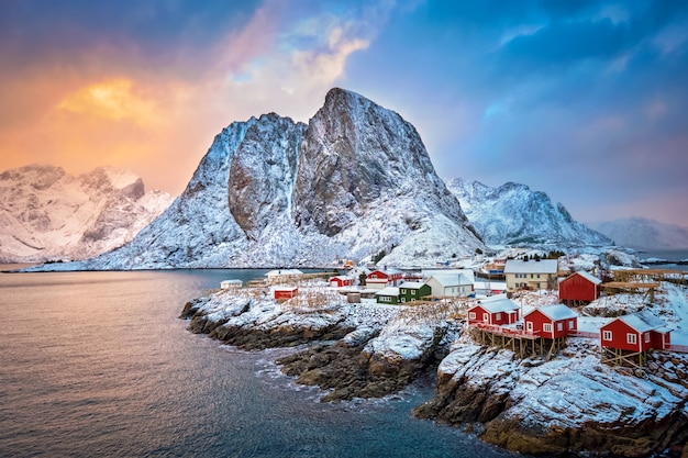 Lofoten 섬, 노르웨이에 Hamnoy 어촌 마