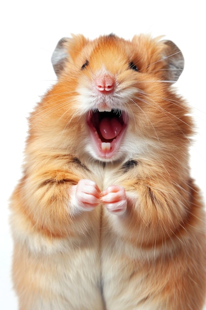 Photo a hamster appearing to chuckle with its mouth open isolated on a white background