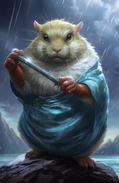 A hamster in a blue dress holds a flute in the rain.