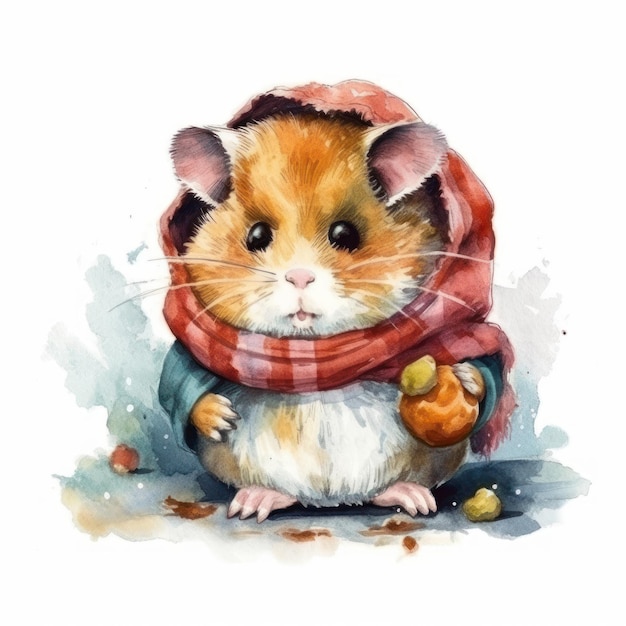 Hamster in a coat with a scarf and a scarf. watercolor illustration of a hamster in a coat and a scarf with a scarf and a scarf. watercolor illustration of a ham