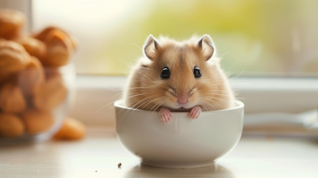 Hamster die uit een witte keramische schaal kijkt