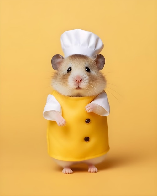 A hamster dressed in a chef hat and yellow apron