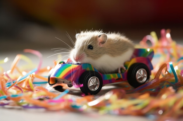 Hamster driving colorful miniature car