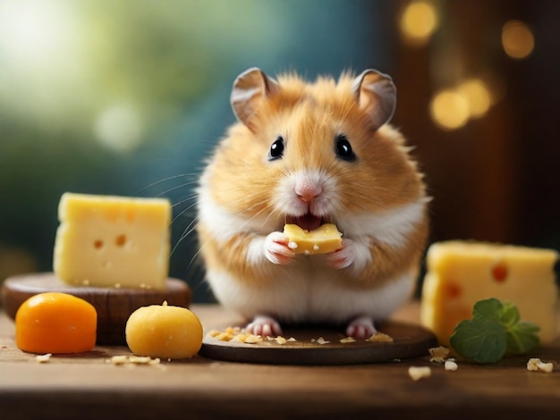 a hamster eating cheese with cheese and cheese