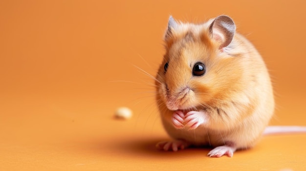 Hamster eating on a vibrant orange background