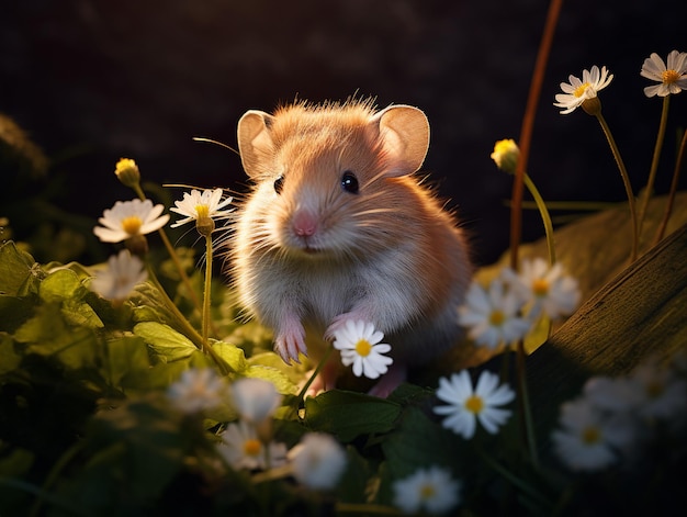 a hamster in a flower bed with daisies in the background