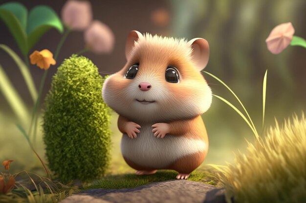 A hamster in a forest with a green background