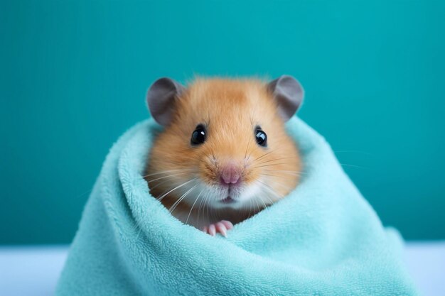 Photo a hamster in a gren towel blue background