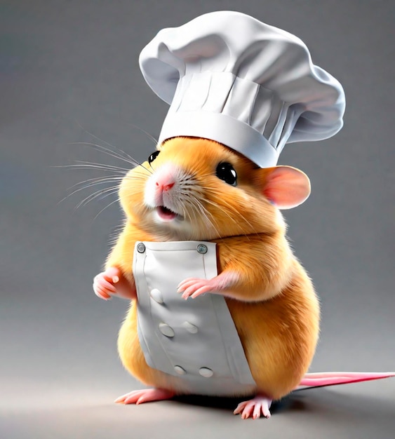 Foto hamster in chef-kokkenhoed en schort op een grijze achtergrond