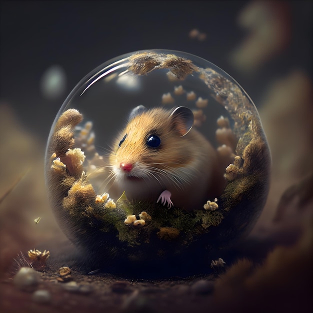 Hamster in een glazen bol op een donkere achtergrond 3D-rendering