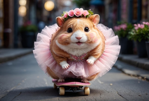 Hamster in tuturok op skateboard Generatieve AI