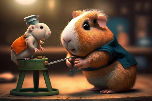 Photo a hamster is cutting a small mouse on a piece of wood.