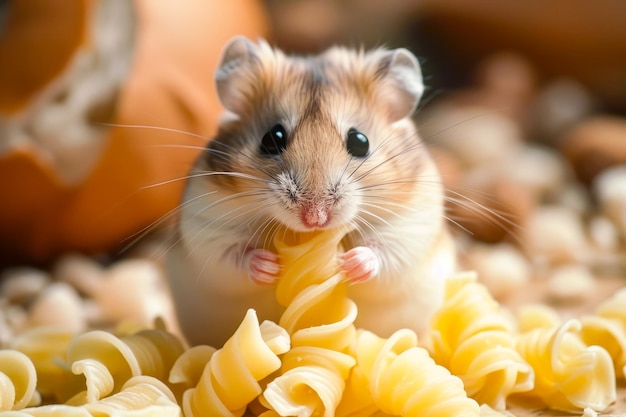 Hamster is eating some pasta