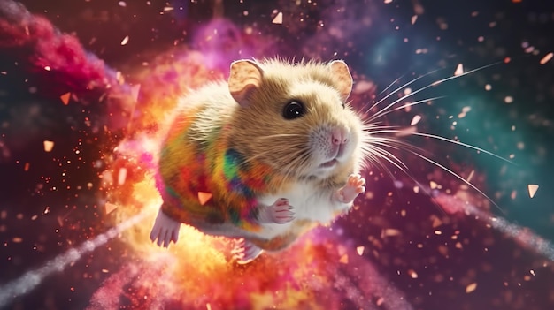 A hamster is flying through a colorful explosion Generative AI image