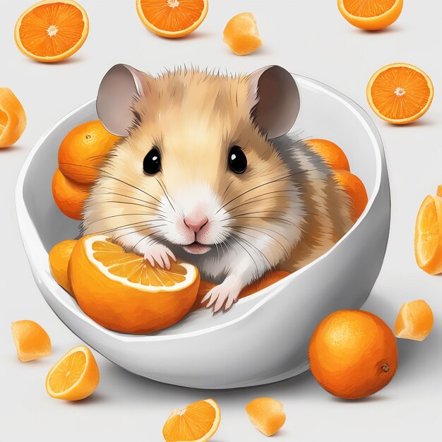 Hamster is sitting in a bowl with pieces of oranges on a white background