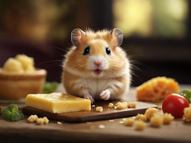 a hamster is sitting on a table with cheese and other food