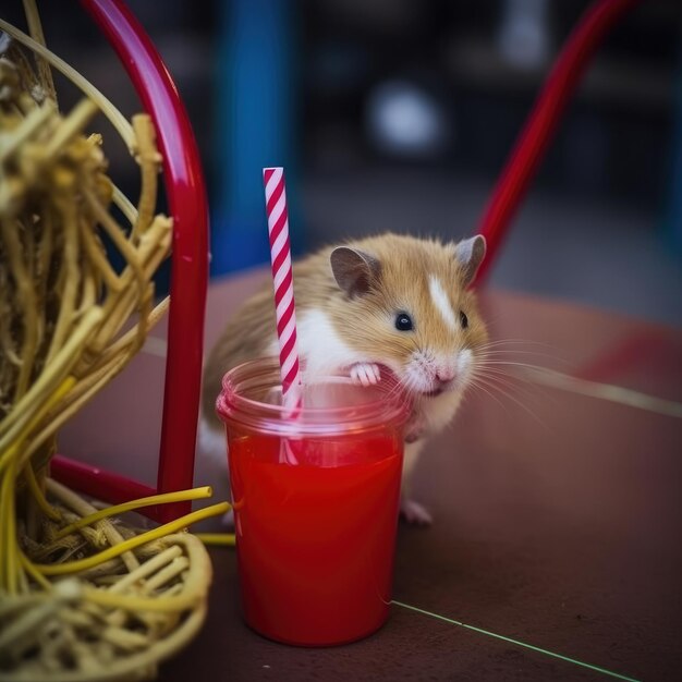 Photo a hamster is sniffing a red drink with a straw.