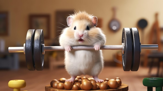 Hamster lifting weights in a miniature gym Hyper Real HD 4k
