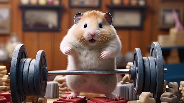 Hamster lifting weights in a miniature gym Hyper Real HD 4k