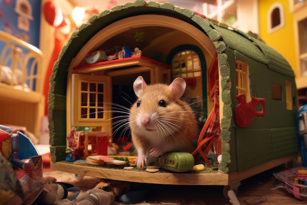 Photo hamster looks out of his house generative ai